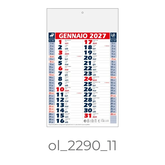 Calendario Olandese 2290 – 2027 da Muro Personalizzato, Area Stampa 29,2×9,4 cm, da 100 pezzi personalizzazione compresa