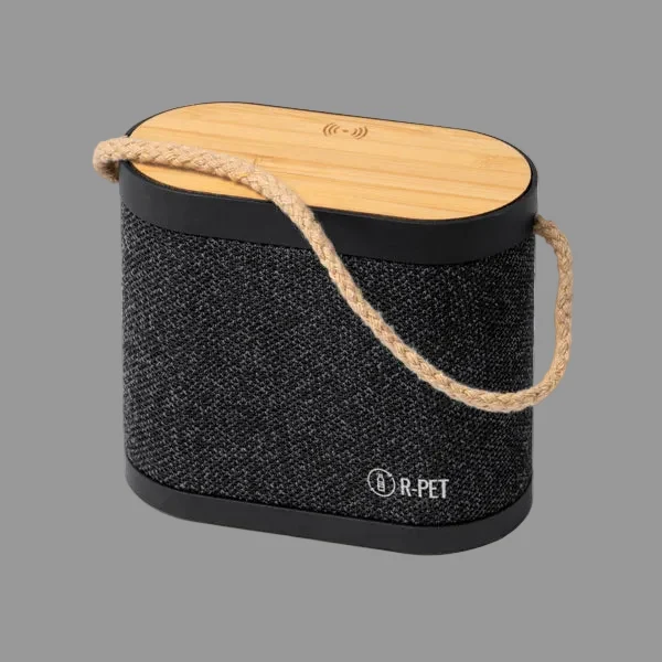Altoparlante Wireless 5W in Bambù e RPET con Ricarica Wireless 15W e Maniglia in Cotone