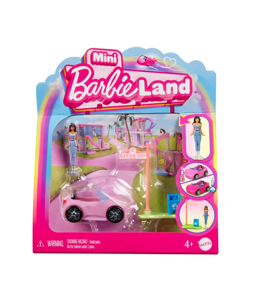 Mini Barbieland - Set con Veicolo e Bambola da 3,8 Cm, Decappottabile con Effetto Cambia Colore