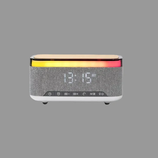 Altoparlante Wireless in Bambù e RPET con Ricarica Wireless 10W, Sveglia, Lampada e Radio FM