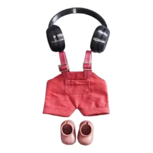 Set Outfit Salopette Rossa, Cuffie Nere e Scarpe Marroni per Labubu (17 cm)