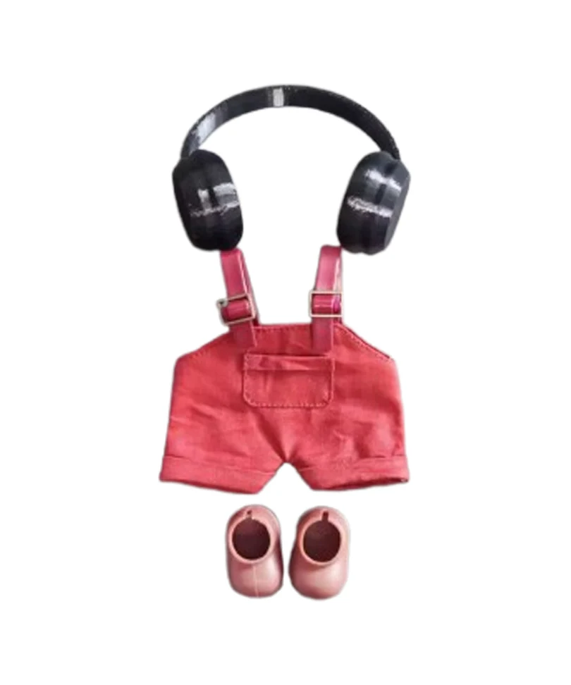 Set Outfit Salopette Rossa, Cuffie Nere e Scarpe Marroni per Labubu (17 cm)