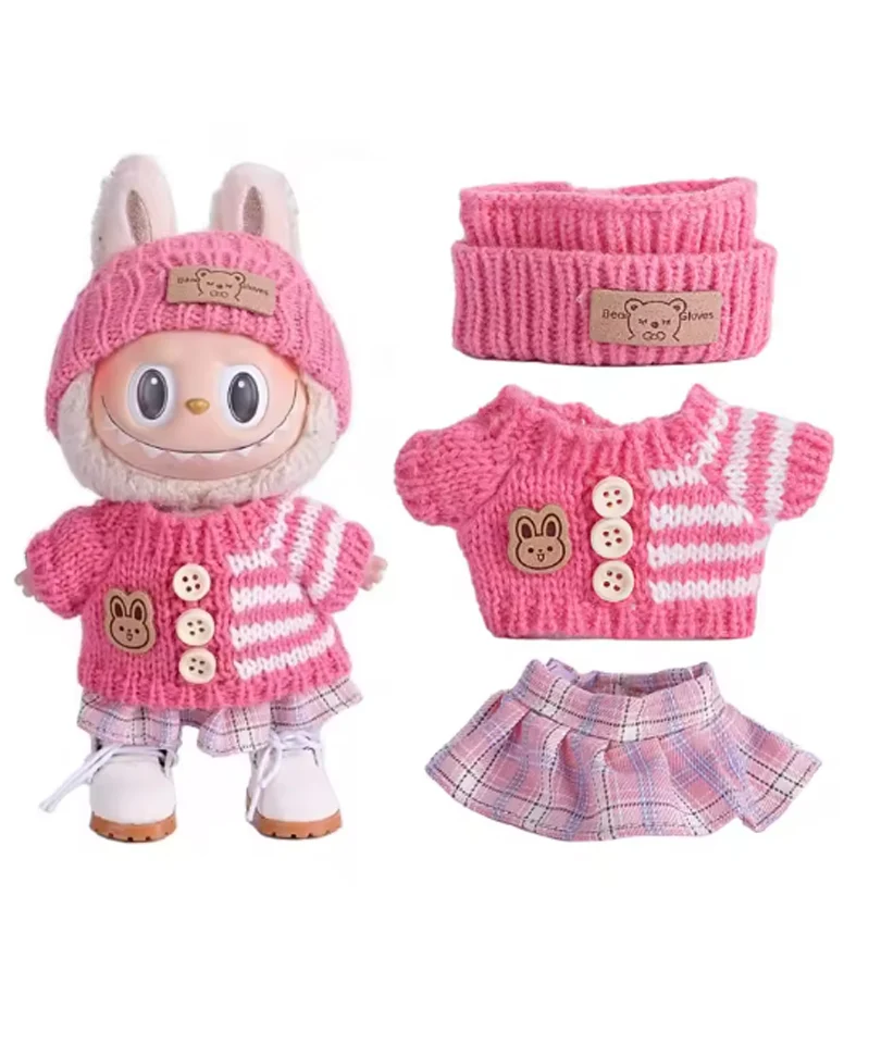 Cardigan a Righe, Berretto e Gonna Scozzese Rosa per Labubu (17 cm)