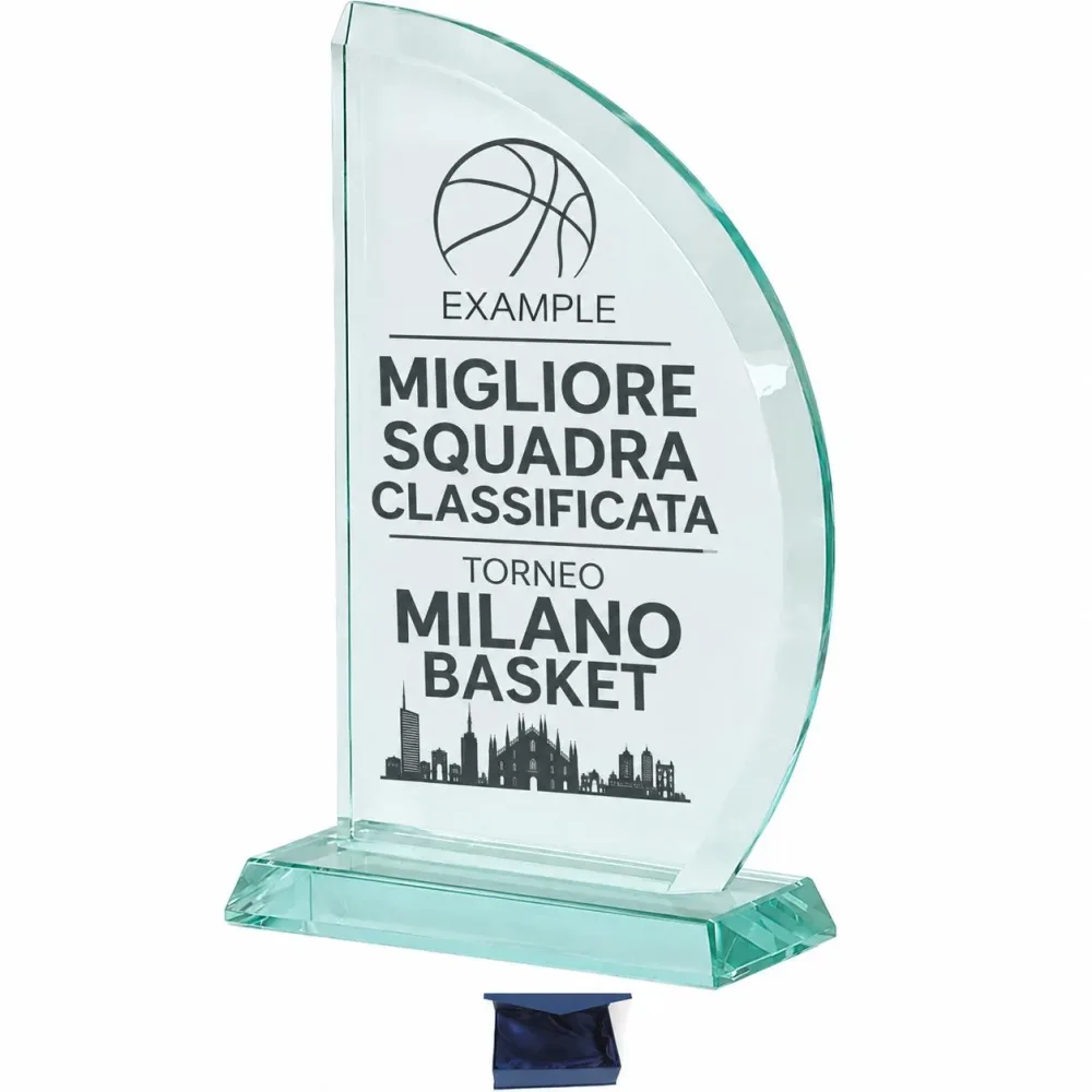 Trofeo in Cristallo Trasparente 28x18x1,5 cm con Box Cartoncino Blu Trofeo in Cristallo Trasparente 28x18x1,5 cm con Box Cartoncino Blu
