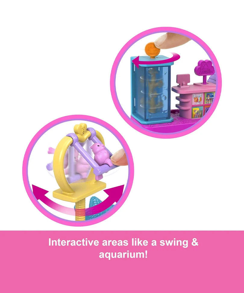 Mini BarbieLand – Set Boutique per Animali con Bambola da 3,8 cm, Espositore Prodotti, Cassa, Casetta per Animali e Cestini per Gatti - immagine 3