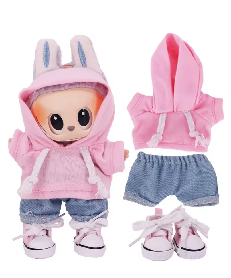 Set Outfit Felpa Rosa, Jeans e Scarpe Rosa per Labubu (17 cm)