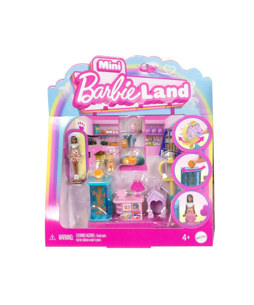 Mini BarbieLand – Set Boutique per Animali con Bambola da 3,8 cm, Espositore Prodotti, Cassa, Casetta per Animali e Cestini per Gatti
