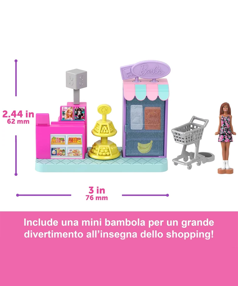 Mini BarbieLand - Set Supermercato con Bambola da 3,8 cm, Scaffali per prodotti, Bancone per la Cassa e Carrello della Spesa - immagine 3