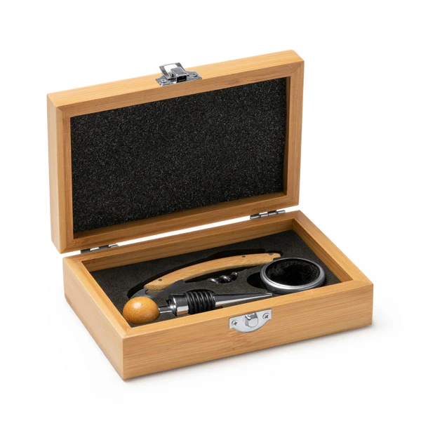Set da Vino in Acciaio Inossidabile e Bambù con Custodia Imbottita – 3 Accessori