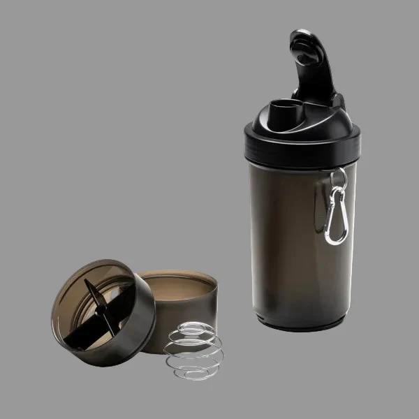 Shaker in PP 800ml – Paletta in Acciaio Inox, Scomparti per Integratori e Moschettone