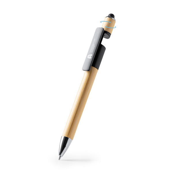 Penna a Sfera in Bambù con Spinner Antistress, Puntatore Touch e Supporto Smartphone Penna a Sfera in Bambù con Spinner Antistress, Puntatore Touch e Supporto Smartphone