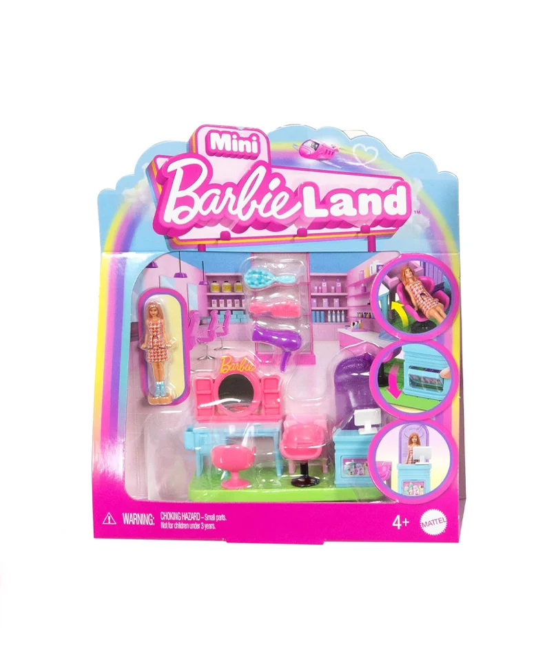 Mini BarbieLand – Set Parrucchiera con Bambola da 3,8 cm, Hair Saloon con Specchio, Area Shampoo e Reception