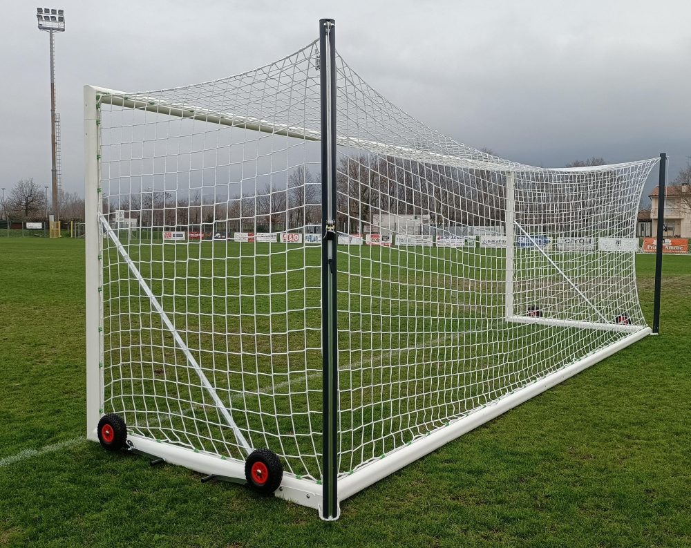 Porta da Calcio Mobile Autoportante con Rete - Alluminio Ovale 100x120mm - Certificata UNI-EN 748 - 7,32x2,44m