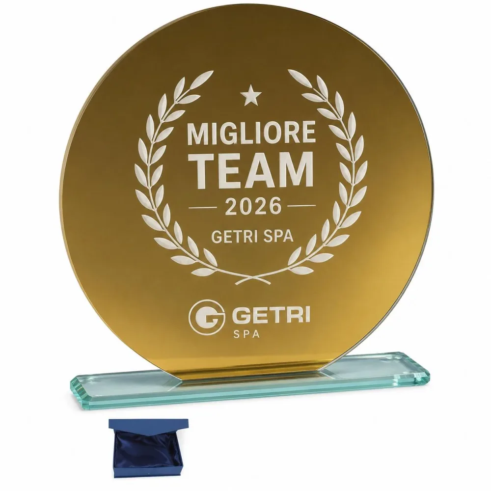 Trofeo in Cristallo Oro 21,5x21x0,4 cm F5 con Box Blu e Raso