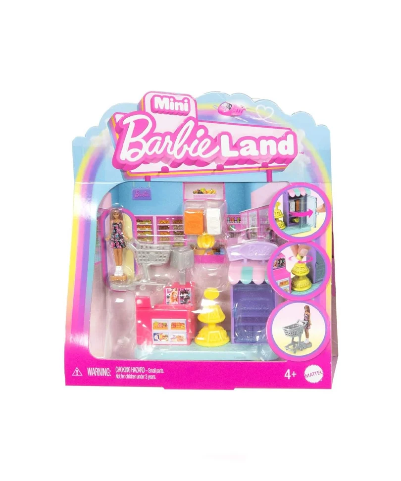 Mini BarbieLand - Set Supermercato con Bambola da 3,8 cm, Scaffali per prodotti, Bancone per la Cassa e Carrello della Spesa