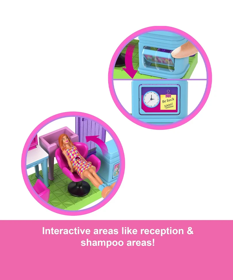 Mini BarbieLand – Set Parrucchiera con Bambola da 3,8 cm, Hair Saloon con Specchio, Area Shampoo e Reception - immagine 3