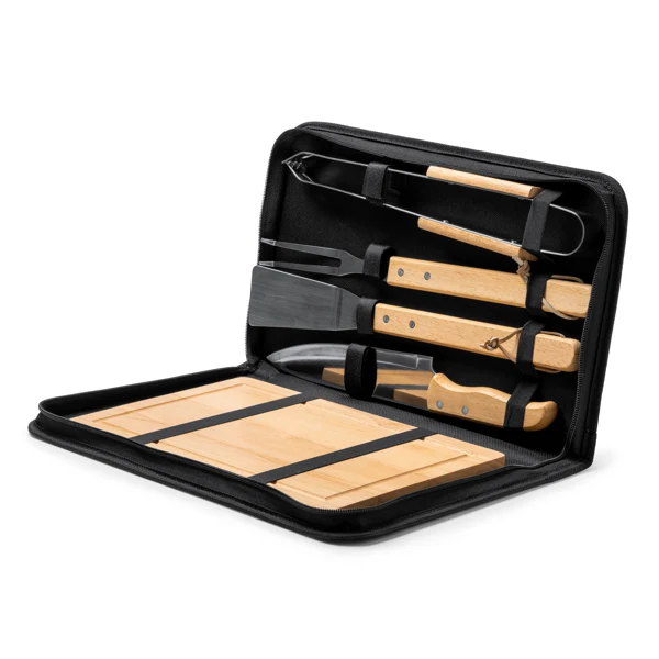 Set Barbecue 5 Accessori in Acciaio Inox con Manico in Legno e Custodia RPET