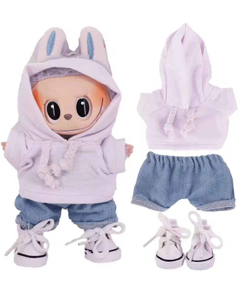 Set Outfit Felpa Bianca, Jeans e Scarpe Bianche per Labubu (17 cm)