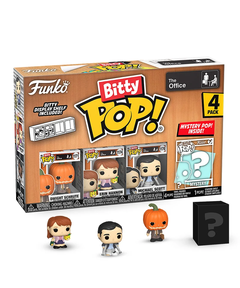 Dwight Schrute with Pumpkinhead / Erin Hannon with Happy Box and Champagn / Michael Scott (Crutches) / Mystery Bitty (4-Pack)