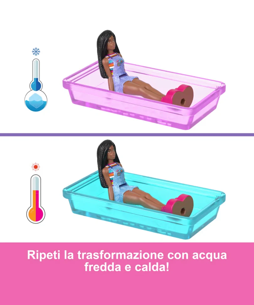 Mini Barbieland - Set Bambola e Veicolo con Bambola da 3,8 Cm, Camper dei Sogni con Piscina Cambia Colore - immagine 3