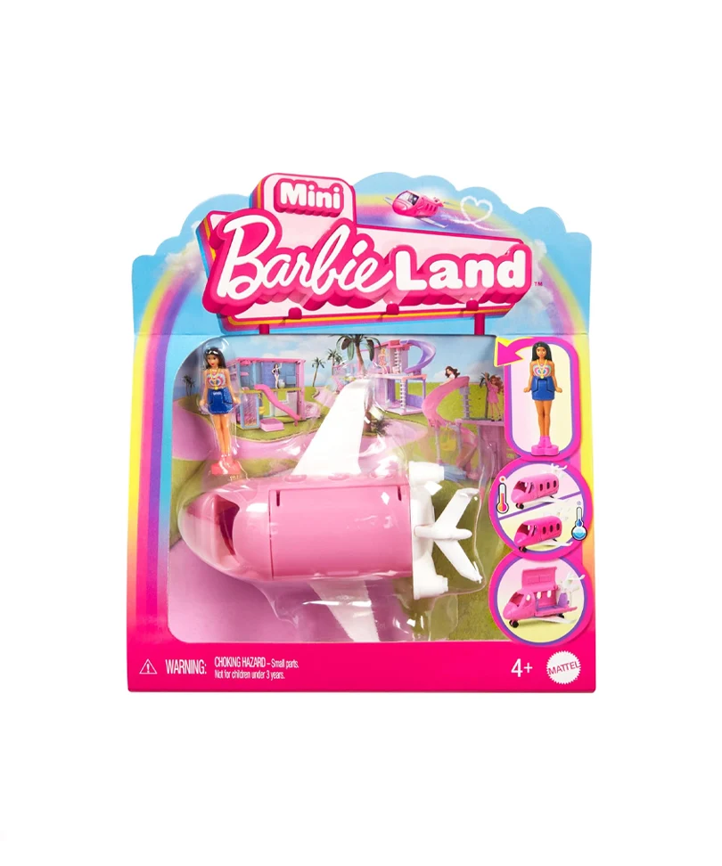Mini BarbieLand - Set mini Aereo dei Sogni e Bambola da 3,8 cm, Veicolo con Sorpresa Cambia Colore