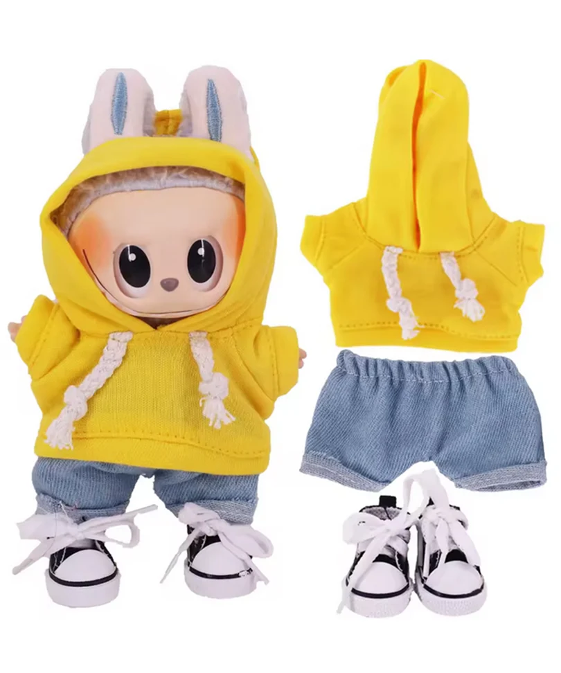 Set Outfit Felpa Gialla, Jeans e Scarpe Nere per Labubu (17 cm)