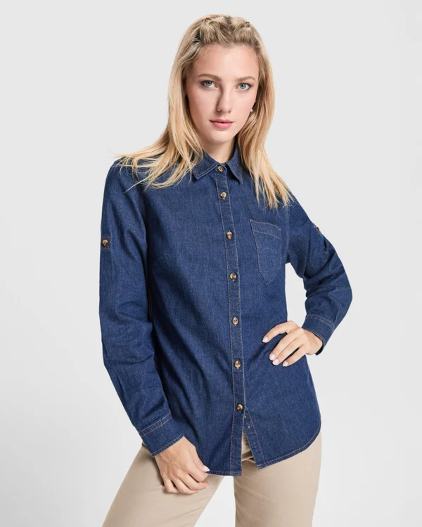 Camicia da Lavoro Donna Denim Maniche Lunghe LUJAN WOMAN – Elasticizzata con Passante Regolabile