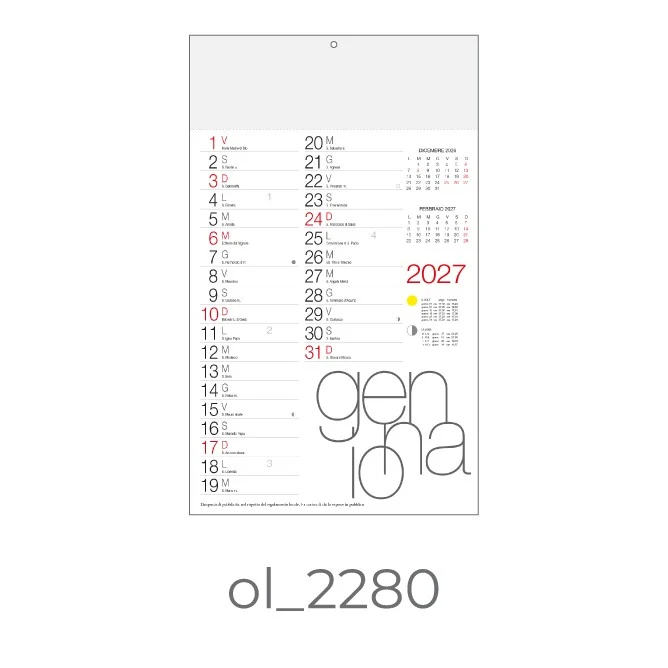 Calendario Olandese 2027 da Muro Personalizzato – Area Stampa 29,2×9,4 cm, da 100 pezzi personalizzazione compresa