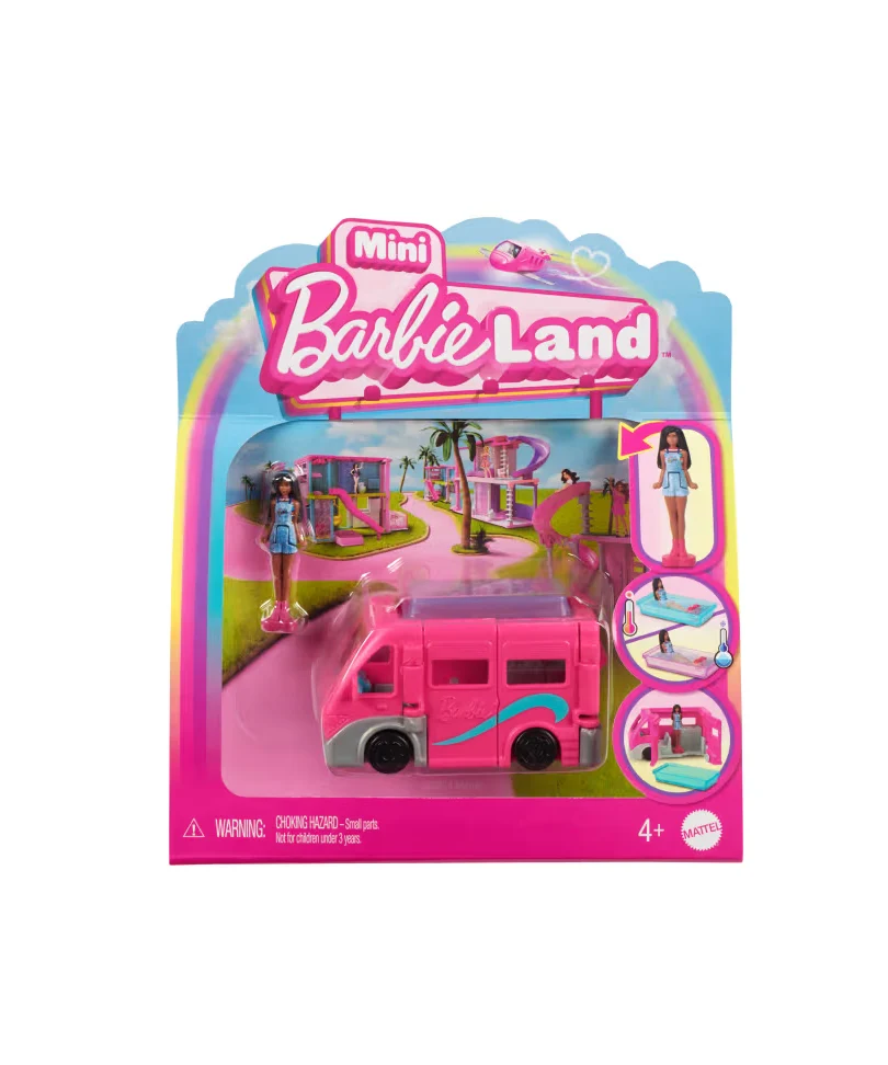 Mini Barbieland - Set Bambola e Veicolo con Bambola da 3,8 Cm, Camper dei Sogni con Piscina Cambia Colore