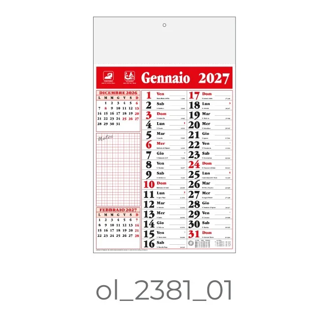 Calendario Olandese 2381-01 – 2027 da Muro Personalizzato, Area Stampa 29,2×9,4 cm, da 100 pezzi personalizzazione compresa