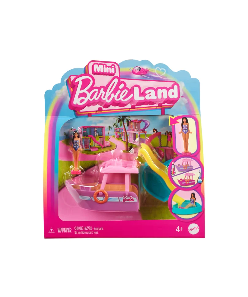 Mini Barbieland - Set con Veicolo e Bambola da 3,8 Cm, Barca dei Sogni con Effetto Cambia Colore