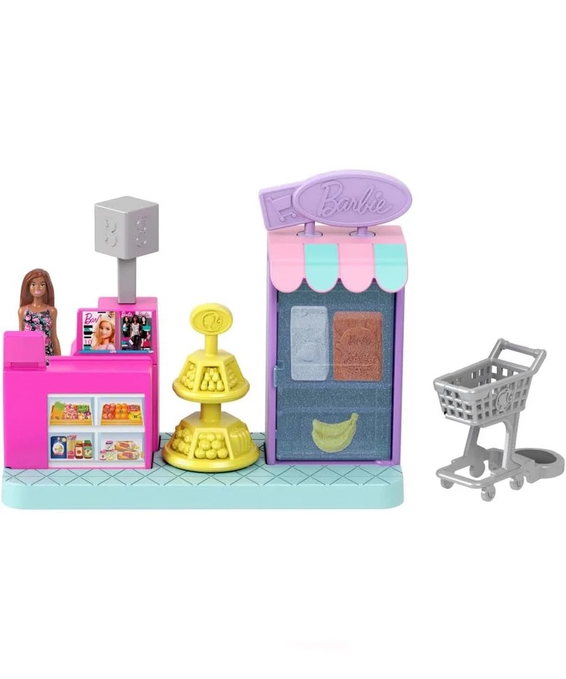 Mini BarbieLand - Set Supermercato con Bambola da 3,8 cm, Scaffali per prodotti, Bancone per la Cassa e Carrello della Spesa - immagine 2