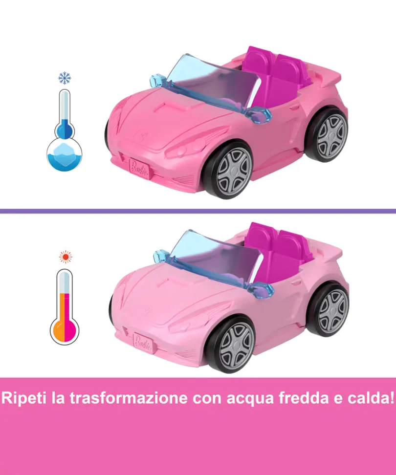 Mini Barbieland - Set con Veicolo e Bambola da 3,8 Cm, Decappottabile con Effetto Cambia Colore - immagine 3