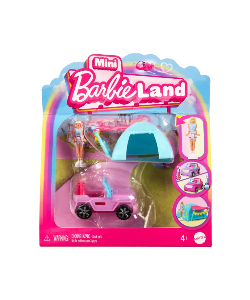 Mini Barbieland - Set con Veicolo e Bambola da 3,8 Cm, Suv Cambia Colore e Tenda