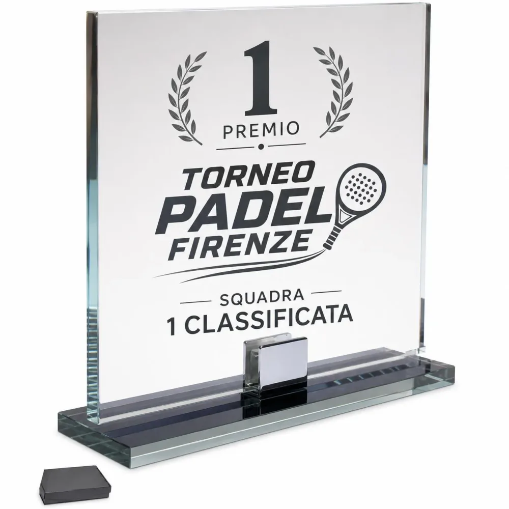 Trofeo in Cristallo Trasparente 21x24x0,8 cm F5 con Box Blu