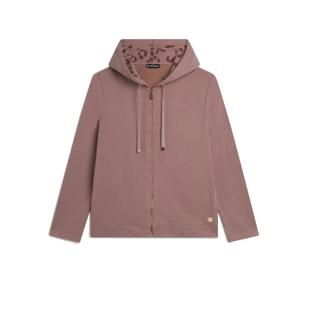 Felpa Viscosa Tricot Con Cappuccio Animalier Donna